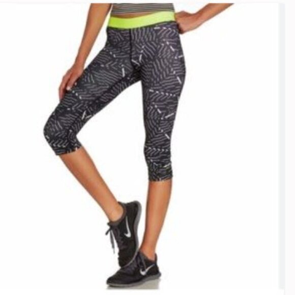 NIKE Pro Black Neon White Yoga Workout Capris Leggings - Picture 1 of 11